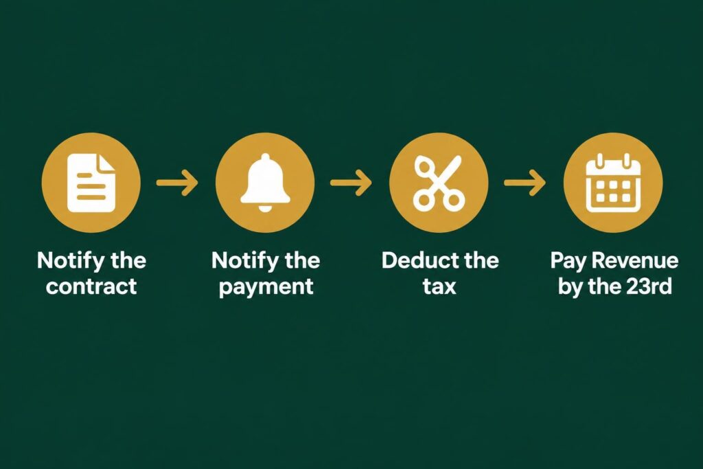 How RCT works: notify the contract, notify the payment, deduct the tax, pay Revenue by the 23rd