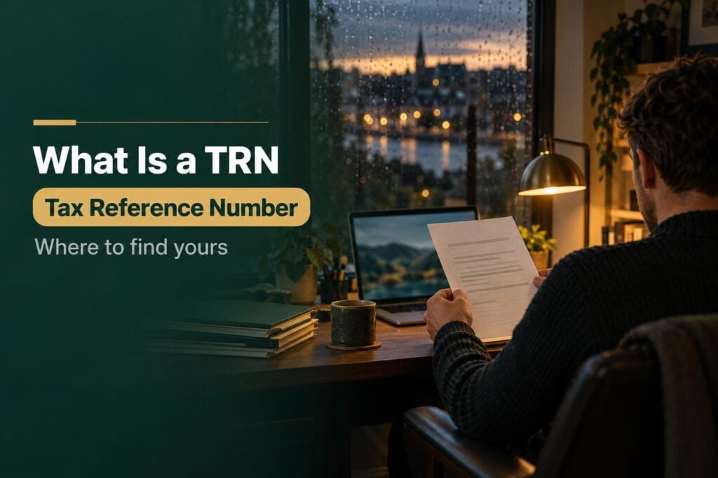 Tax reference number in Ireland: business owner at a desk at dusk checking a Revenue letter beside a laptop