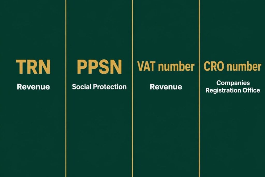 Four Irish numbers compared: TRN and VAT number from Revenue, PPSN from Social Protection, CRO number from the CRO